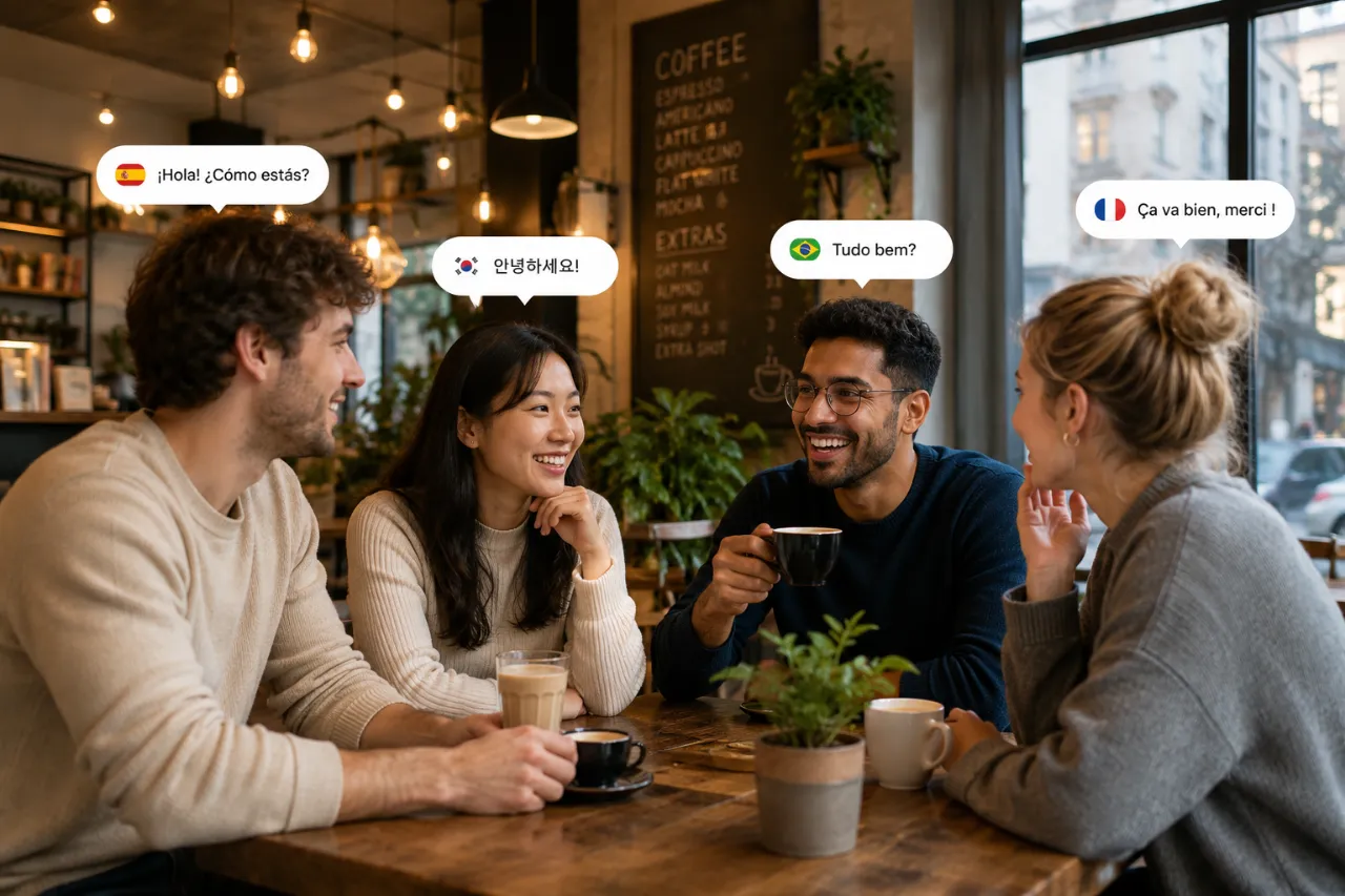 Language learners chatting together at a cafe