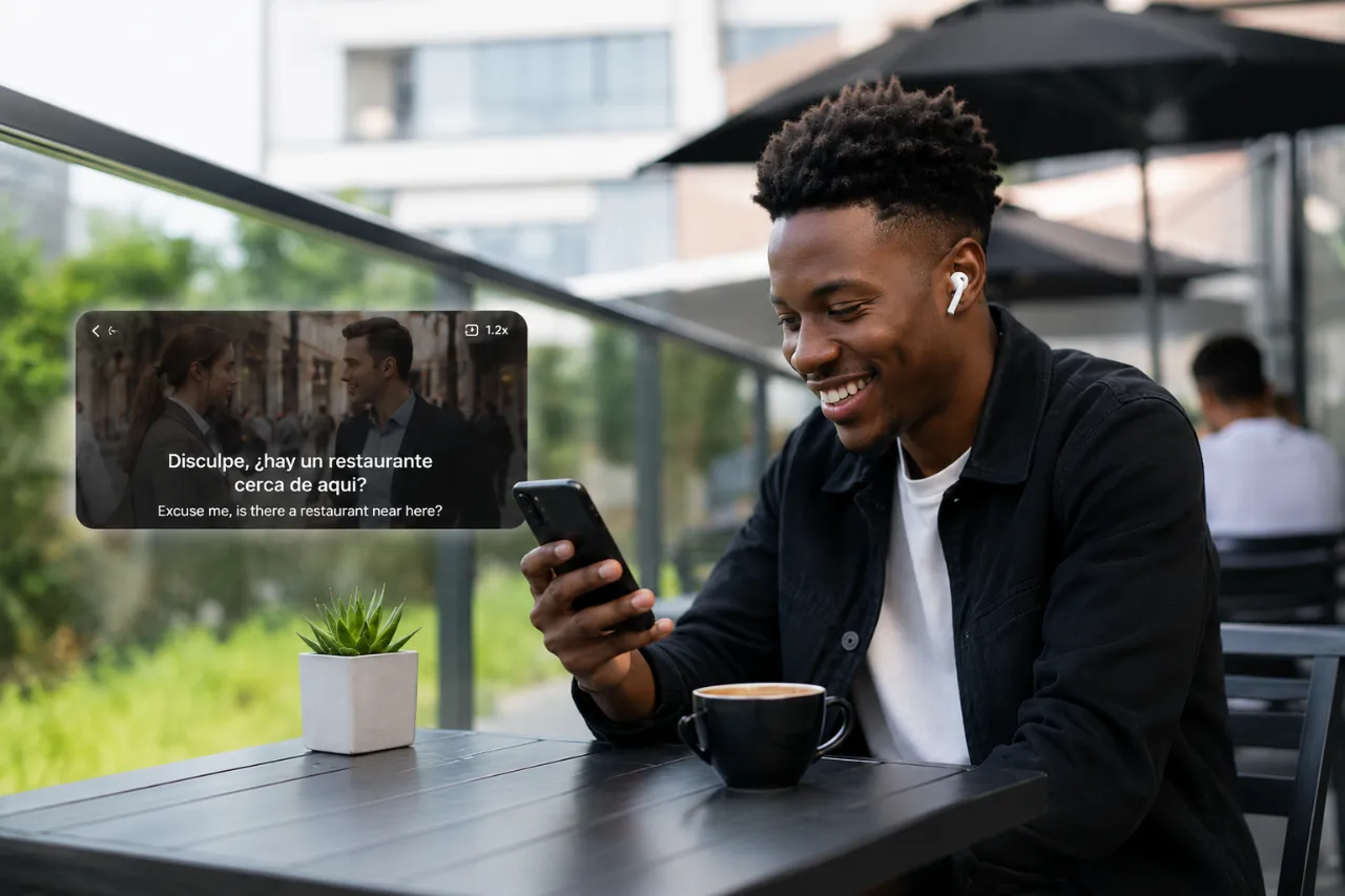Person relaxing at a cafe watching language-learning videos on their device