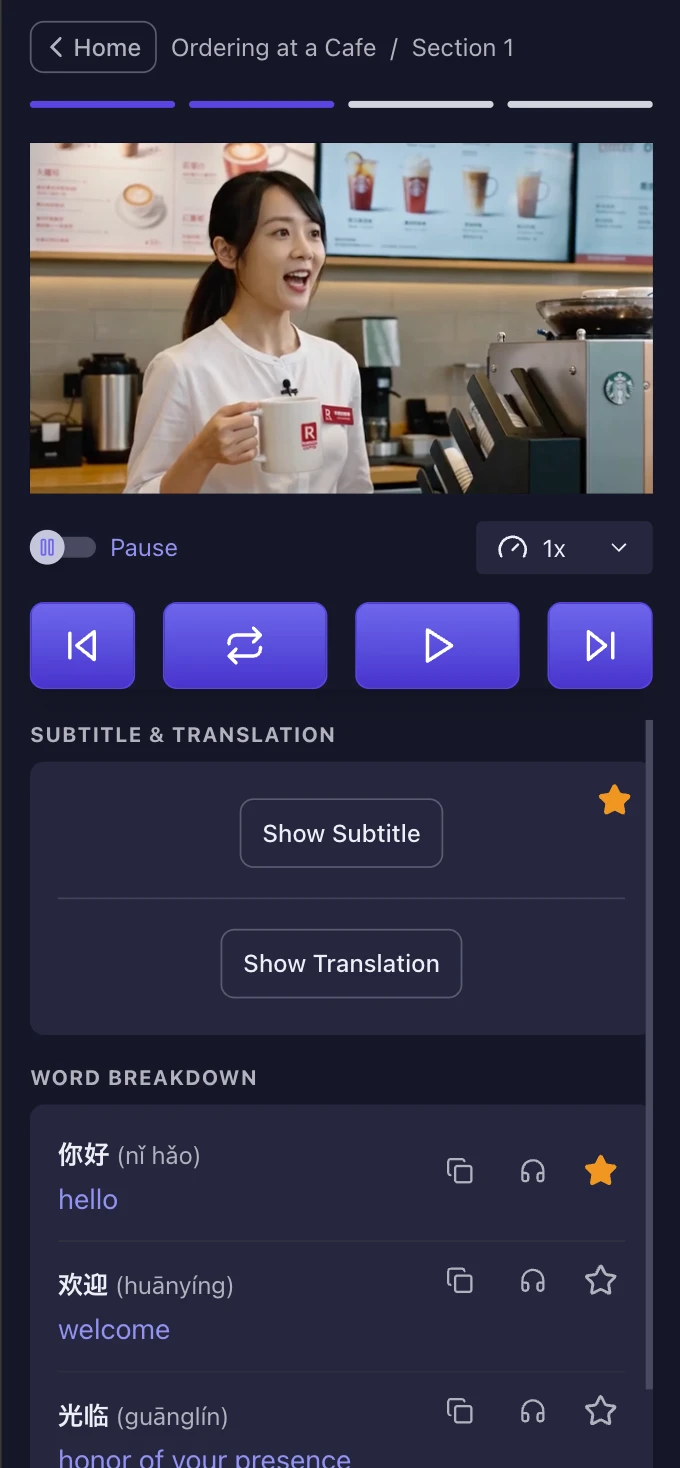 Langly mobile video player showing a native speaker clip with interactive subtitles